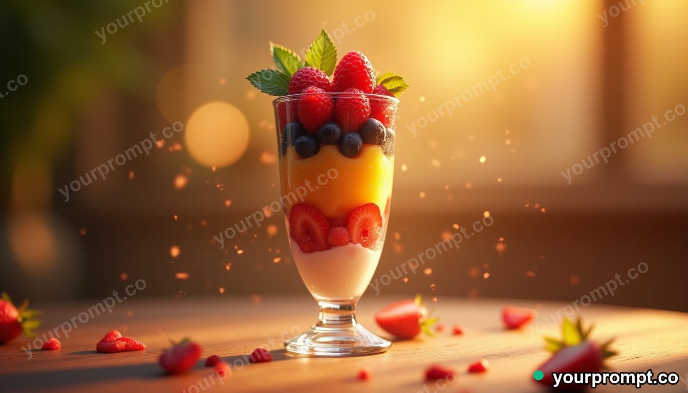 A tall layered fruit parfait in a glass