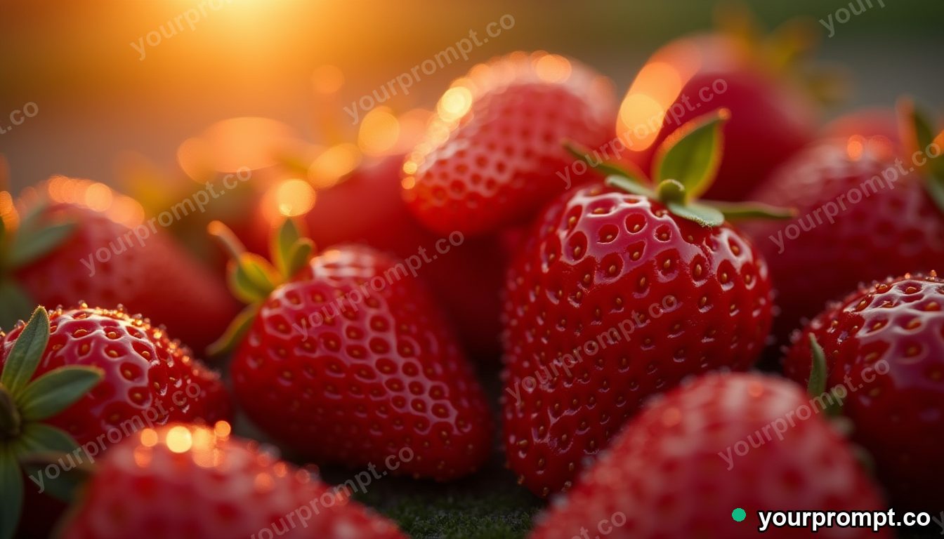 A cluster of dewy red strawberries, macro