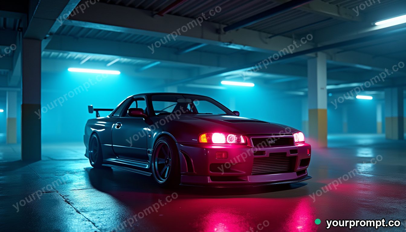 A JDM drift car with neon underglow in a parking garage