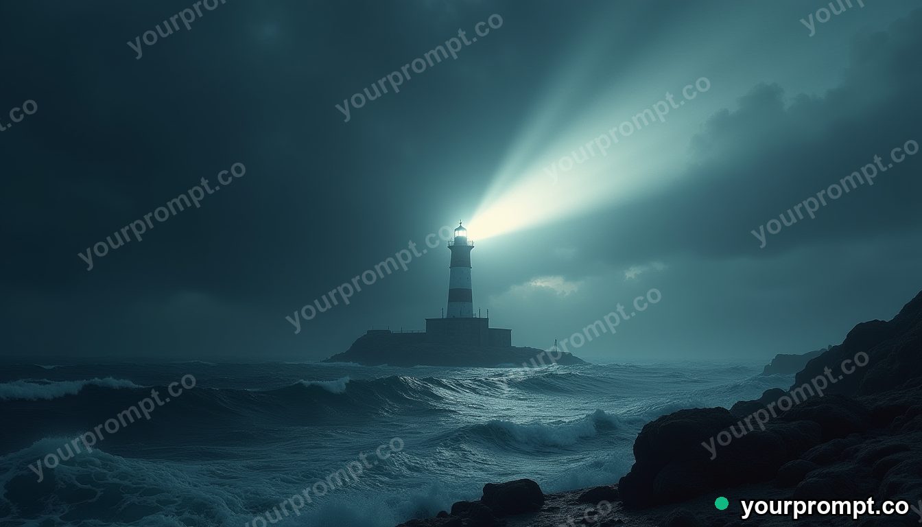 A lone lighthouse beam sweeping a dark stormy sea