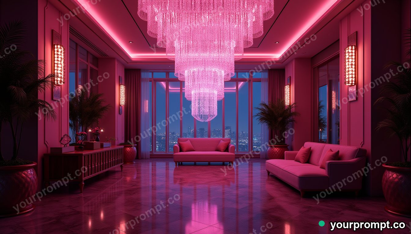 A luxurious hotel lobby with a crystal chandelier