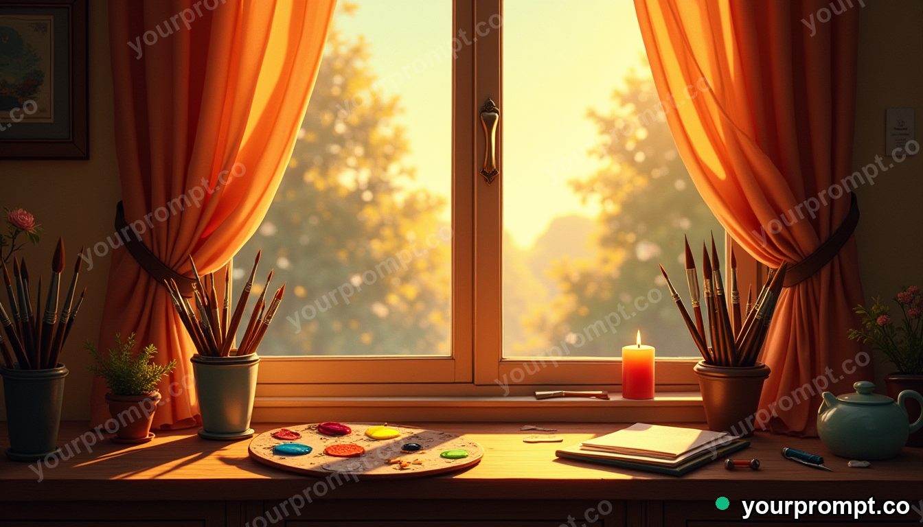 A painter's palette and brushes by a sunlit window