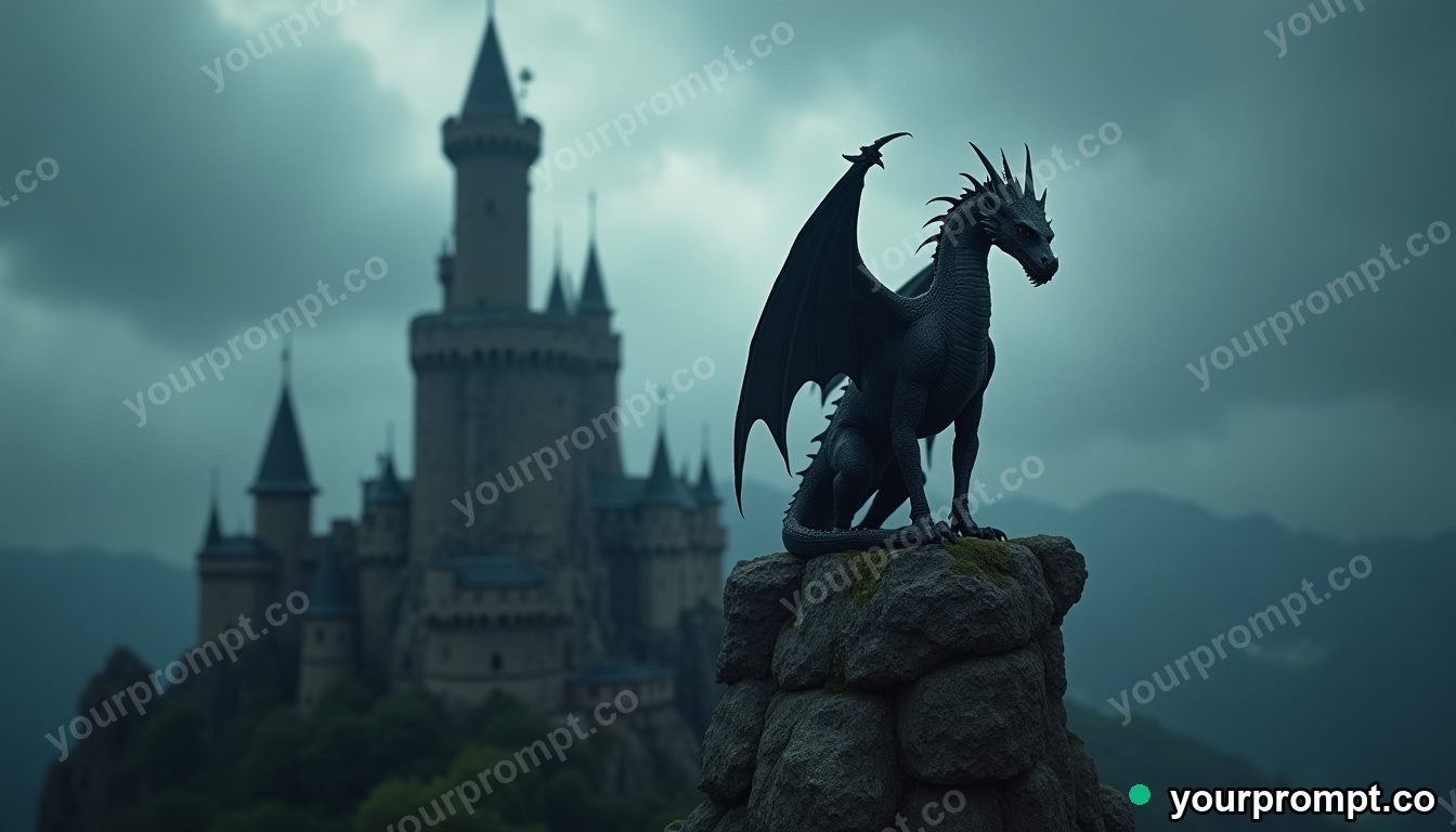 A dragon perched on a castle tower amid storm clouds