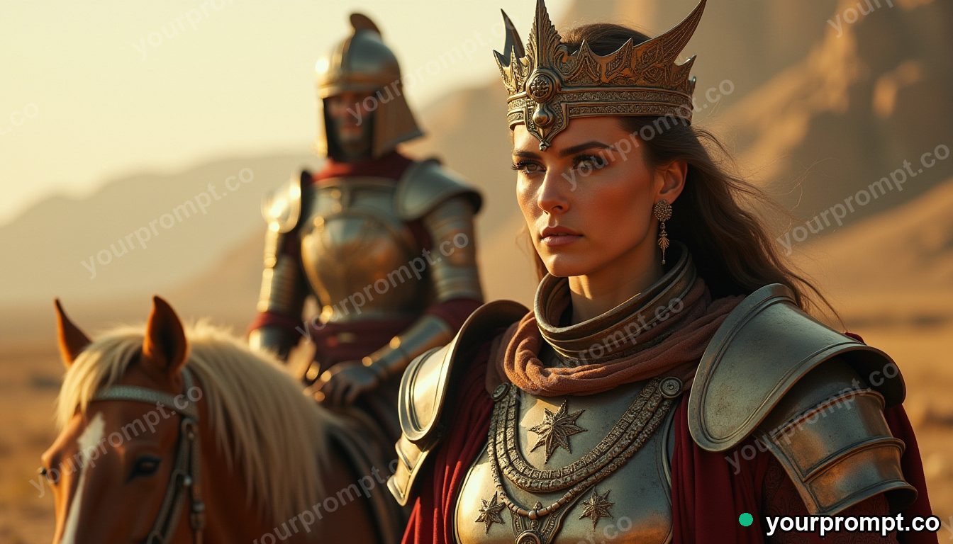 A fierce warrior queen in ornate armor, fictional
