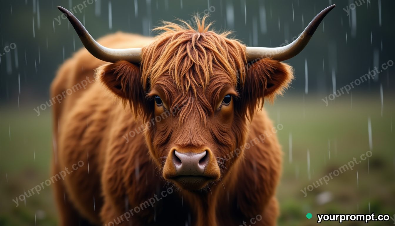 A highland cow with shaggy hair in the rain