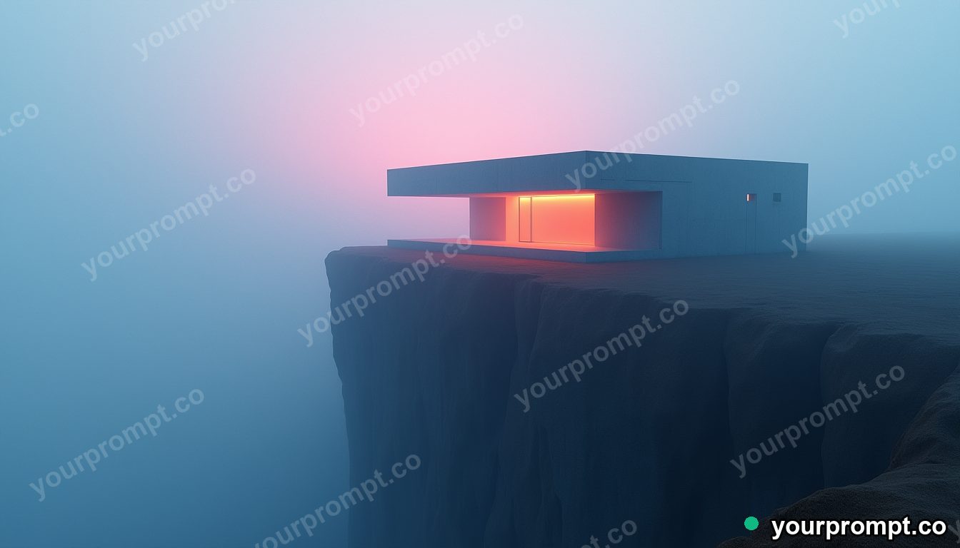 A minimalist concrete house on a misty cliff