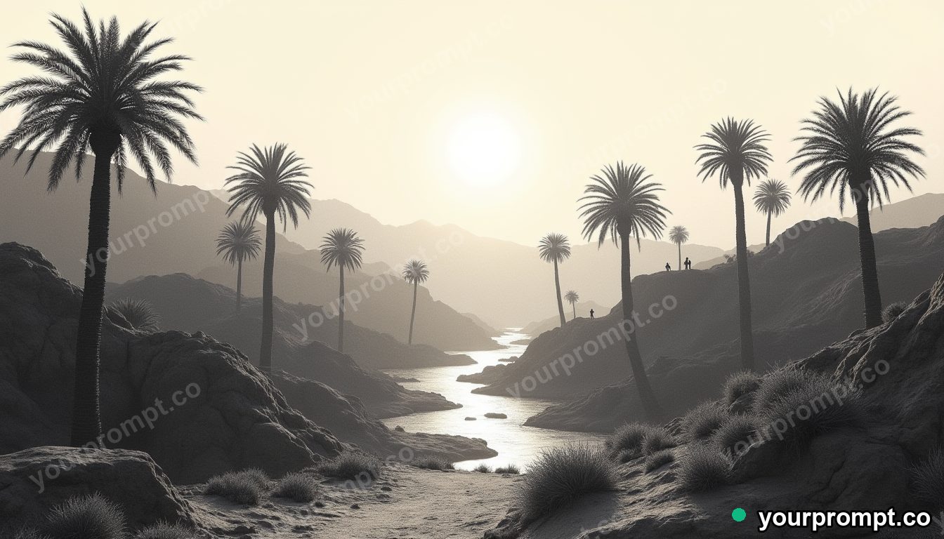 An aerial view of a desert oasis with palm clusters