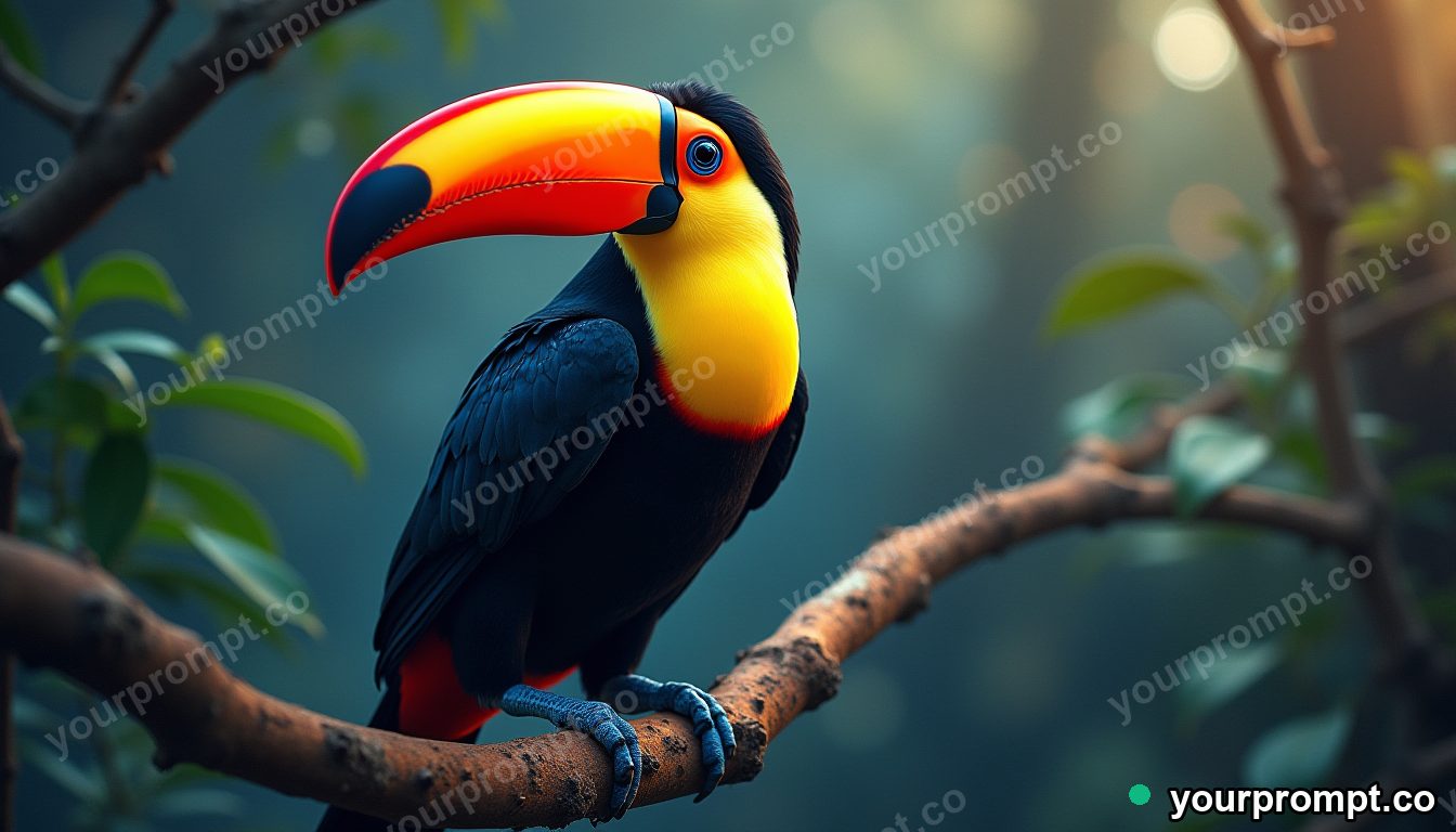 A toucan with a vivid beak on a jungle branch