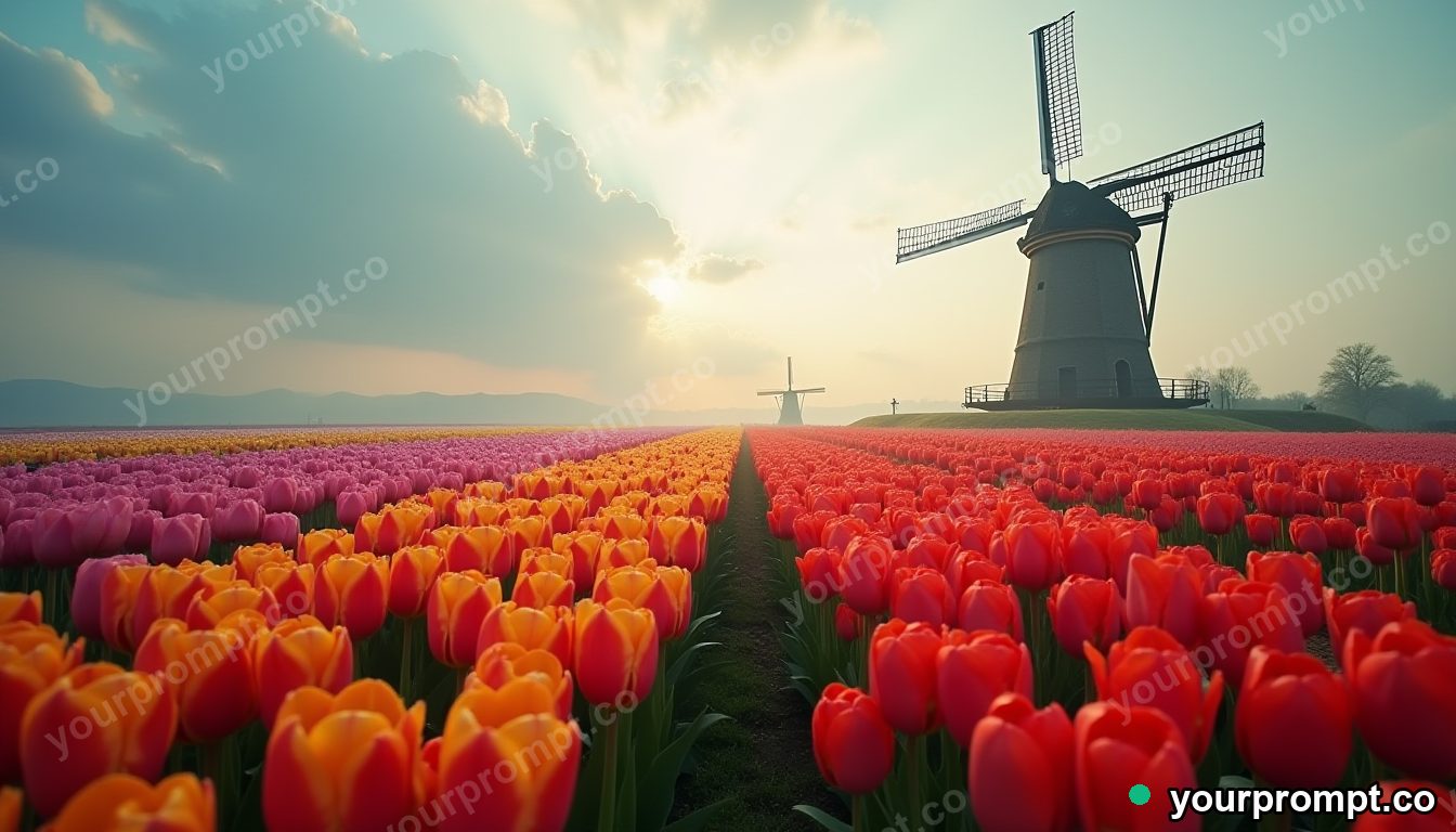 A tulip field in rainbow rows under a windmill