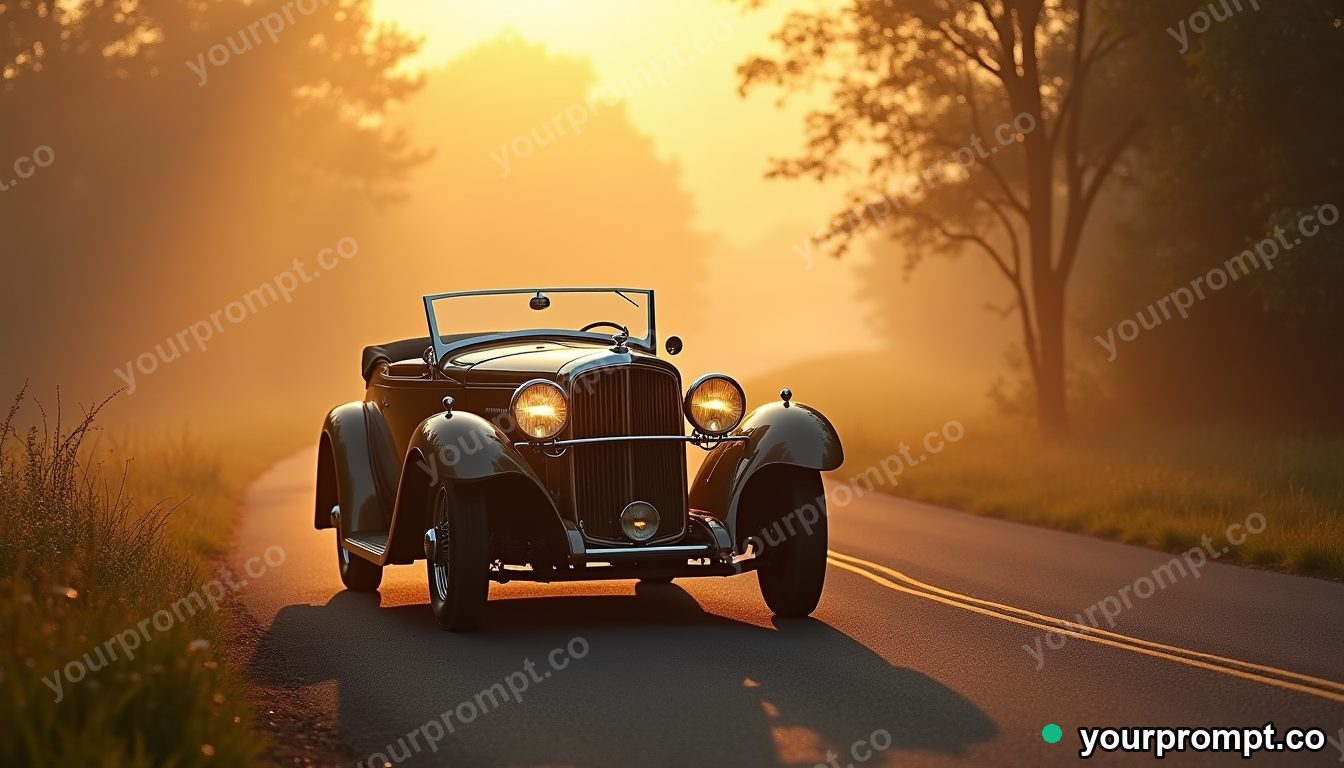 A 1930s art-deco roadster on a misty country road