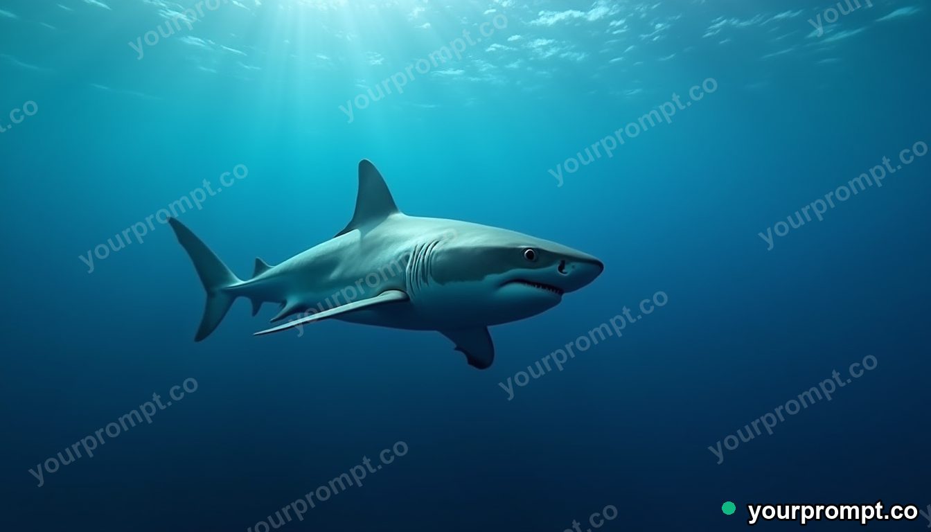 A great white shark cruising in blue depths
