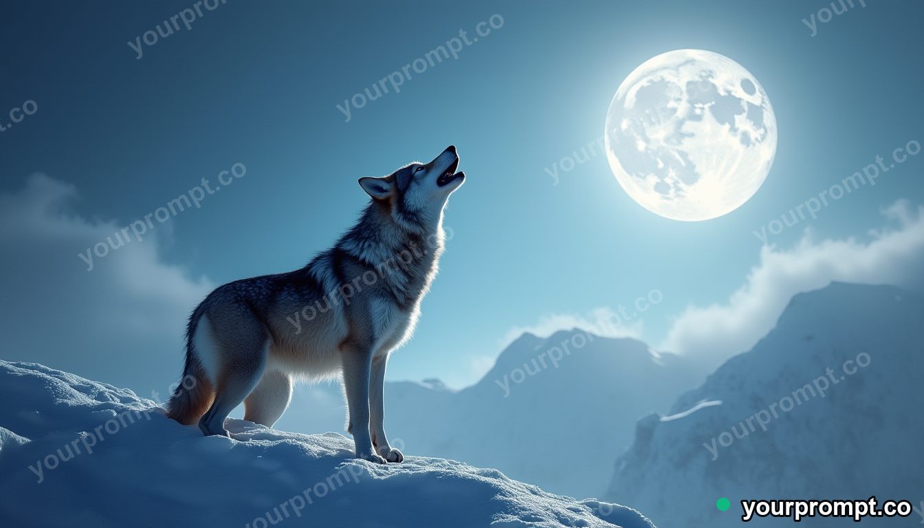 A wolf howling on a snowy ridge under the moon