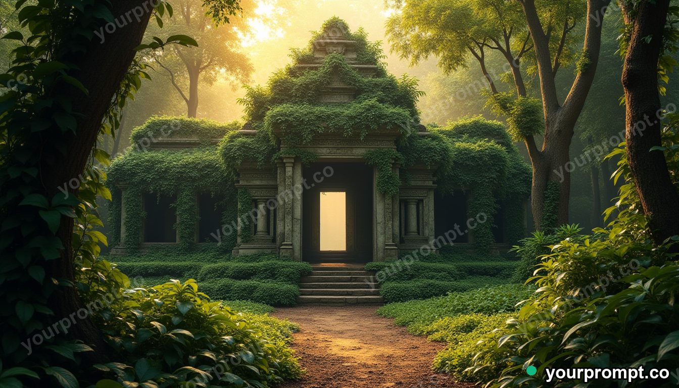 An ancient temple overgrown by jungle vines