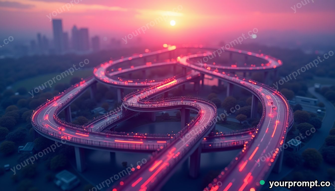 An aerial shot of a spiral interchange highway at dusk