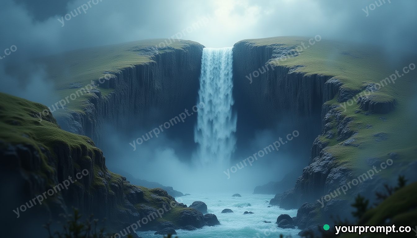 A waterfall flowing upward into a hole in the sky