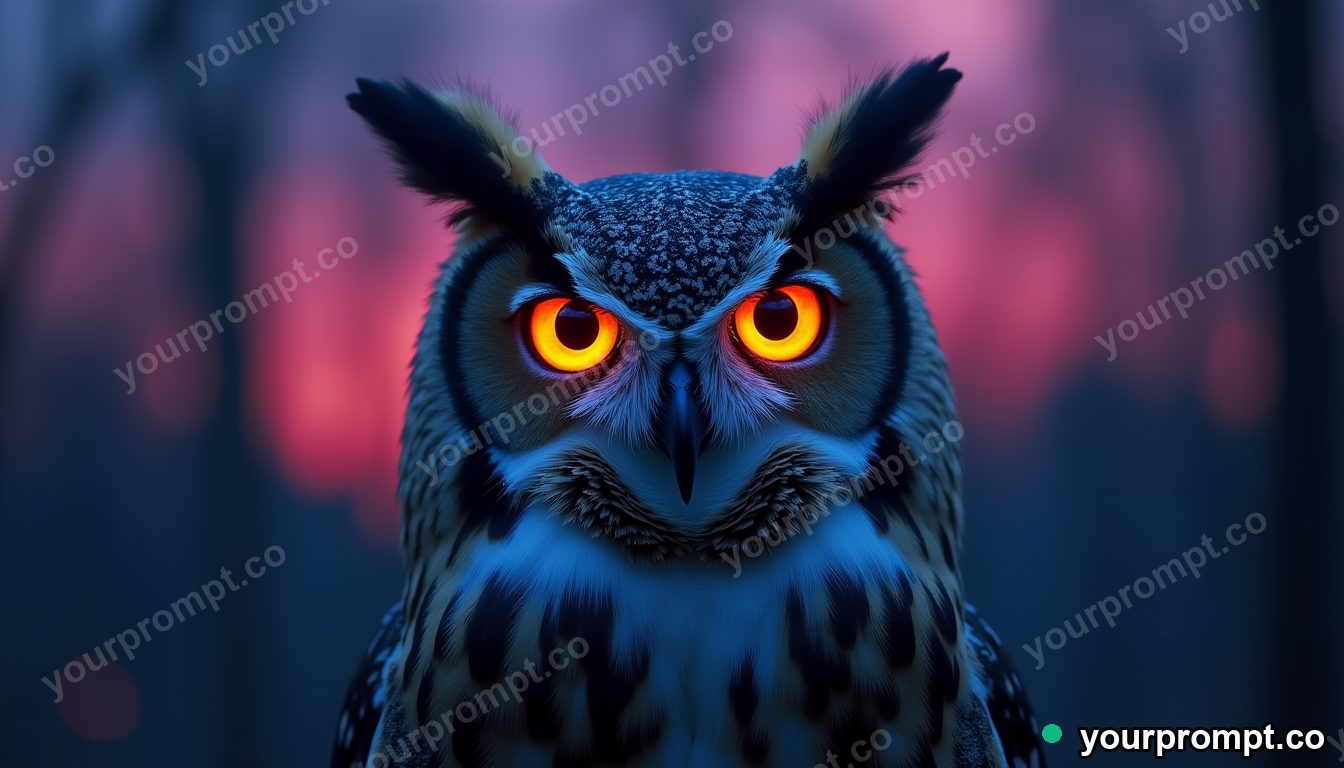 A great horned owl with piercing eyes at dusk
