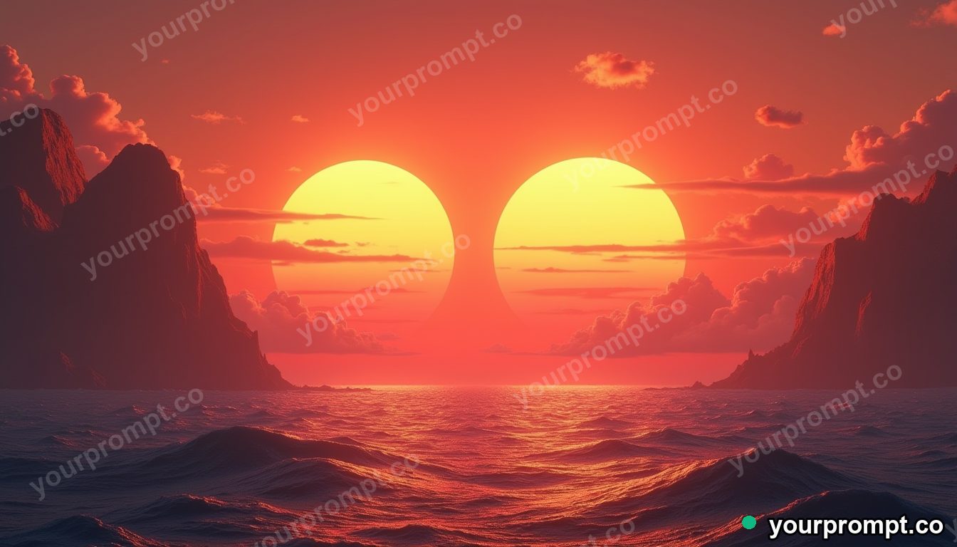 Twin suns setting over an alien ocean world