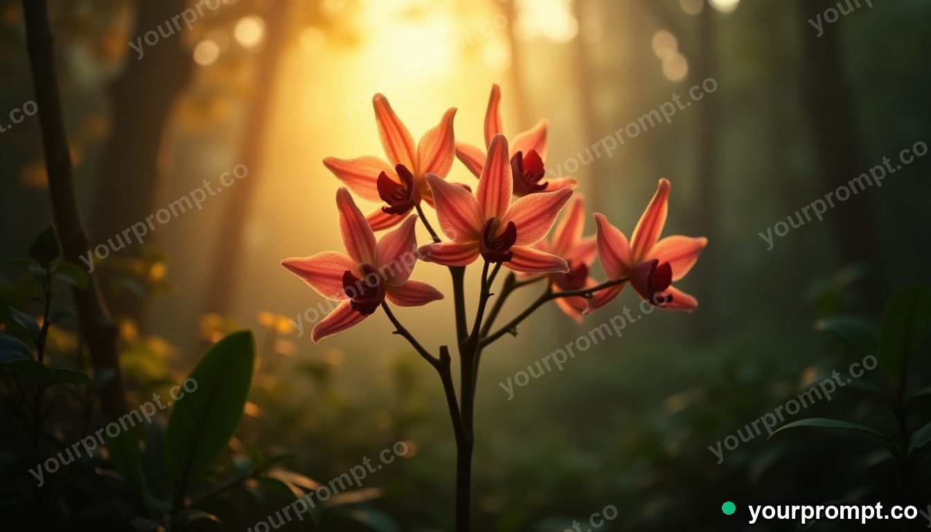 A cluster of wild orchids in a misty jungle