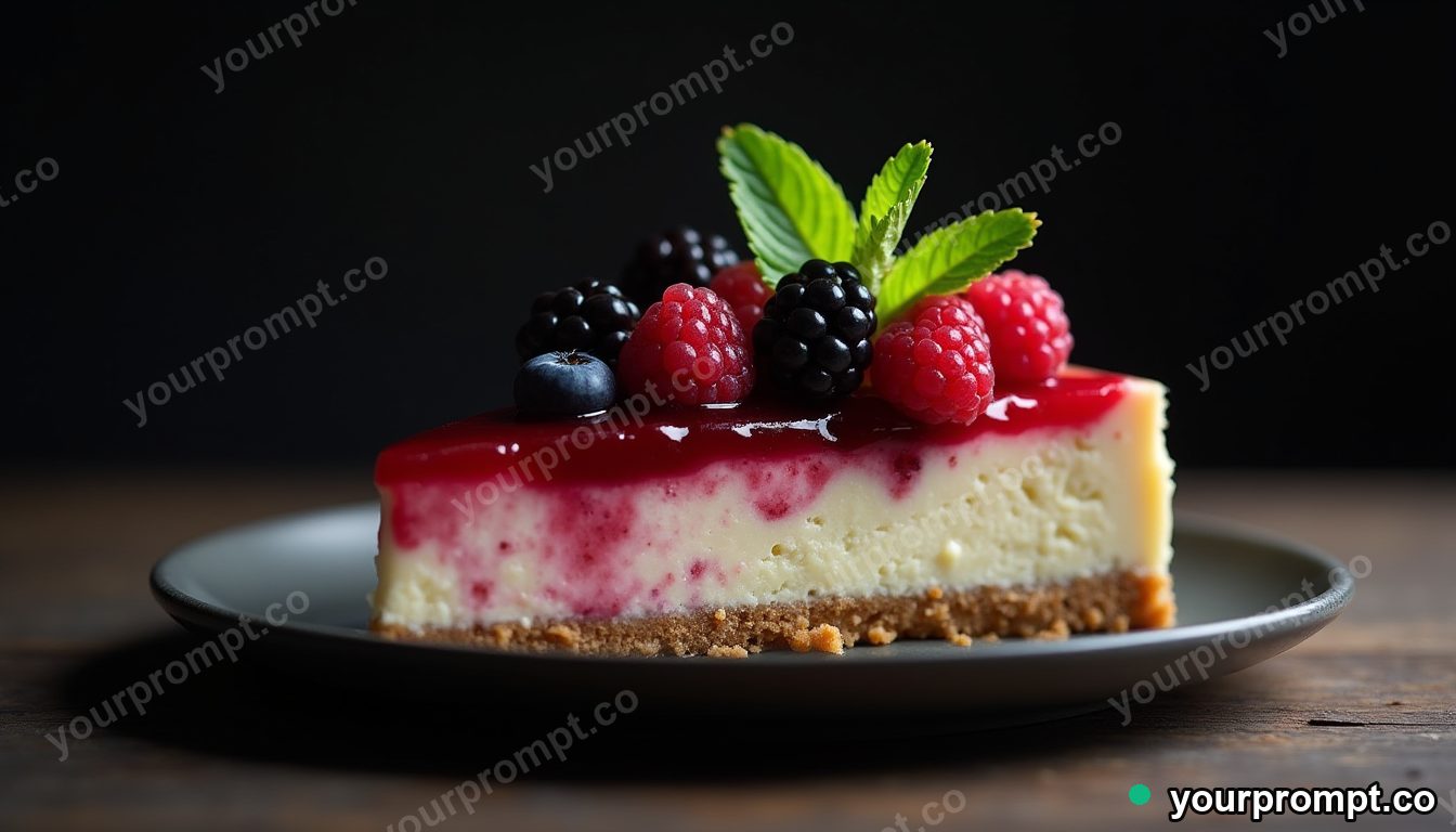A berry-topped cheesecake slice with mint