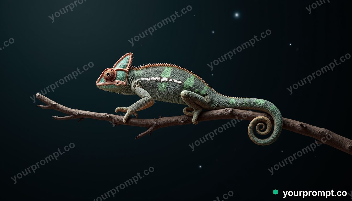 A chameleon curling its tail on a thin branch