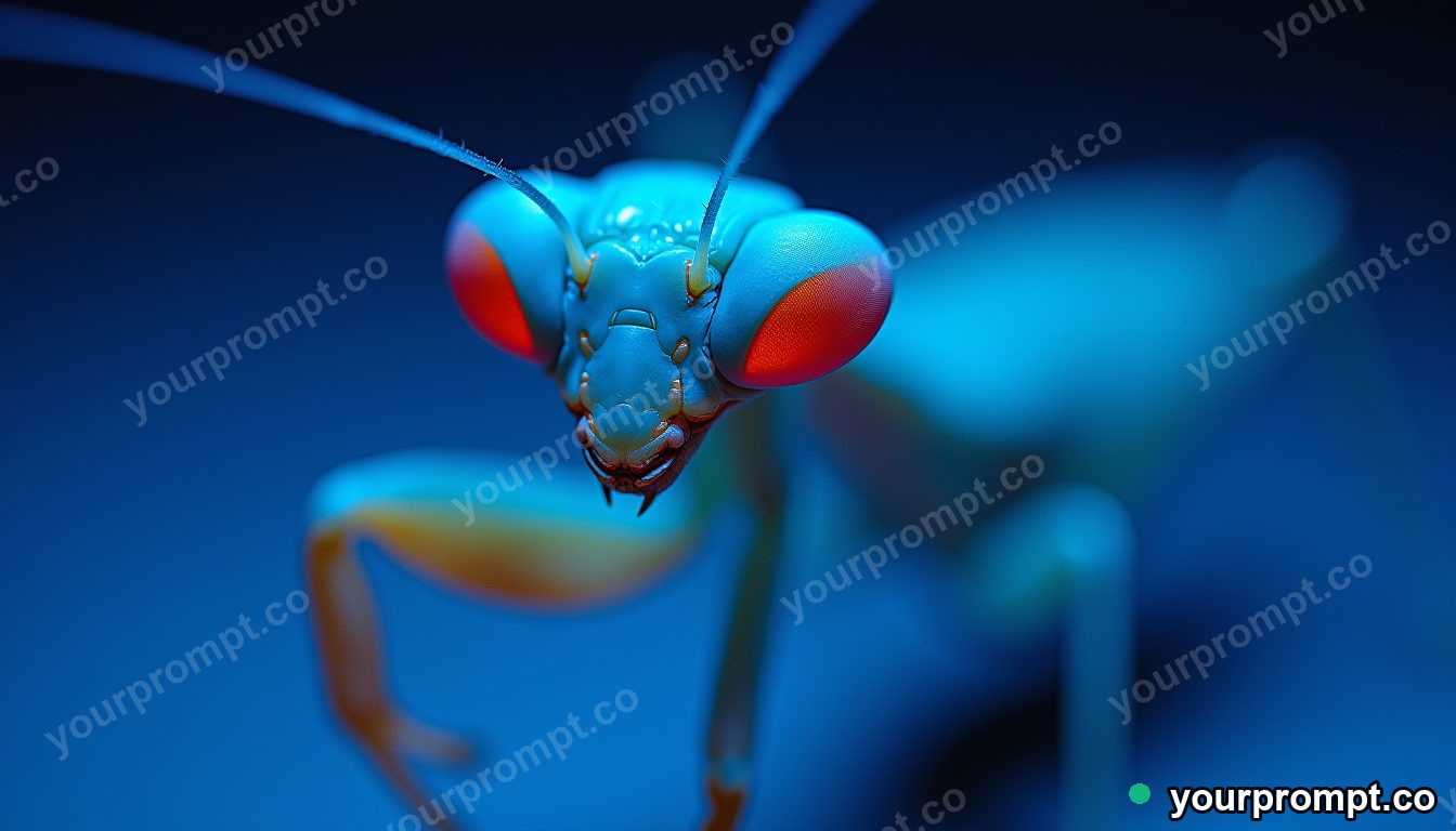 A praying mantis in striking pose, extreme close-up