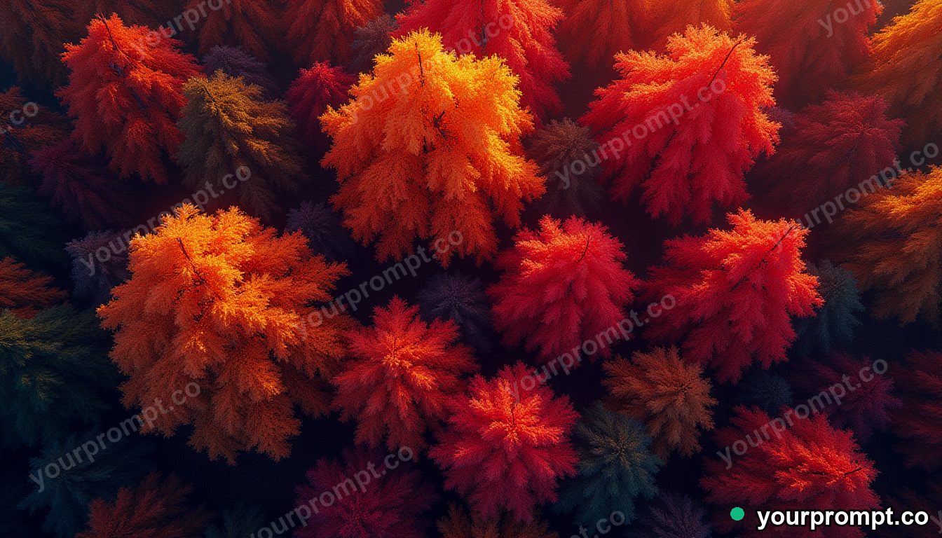 A top-down view of autumn treetops in fiery colors