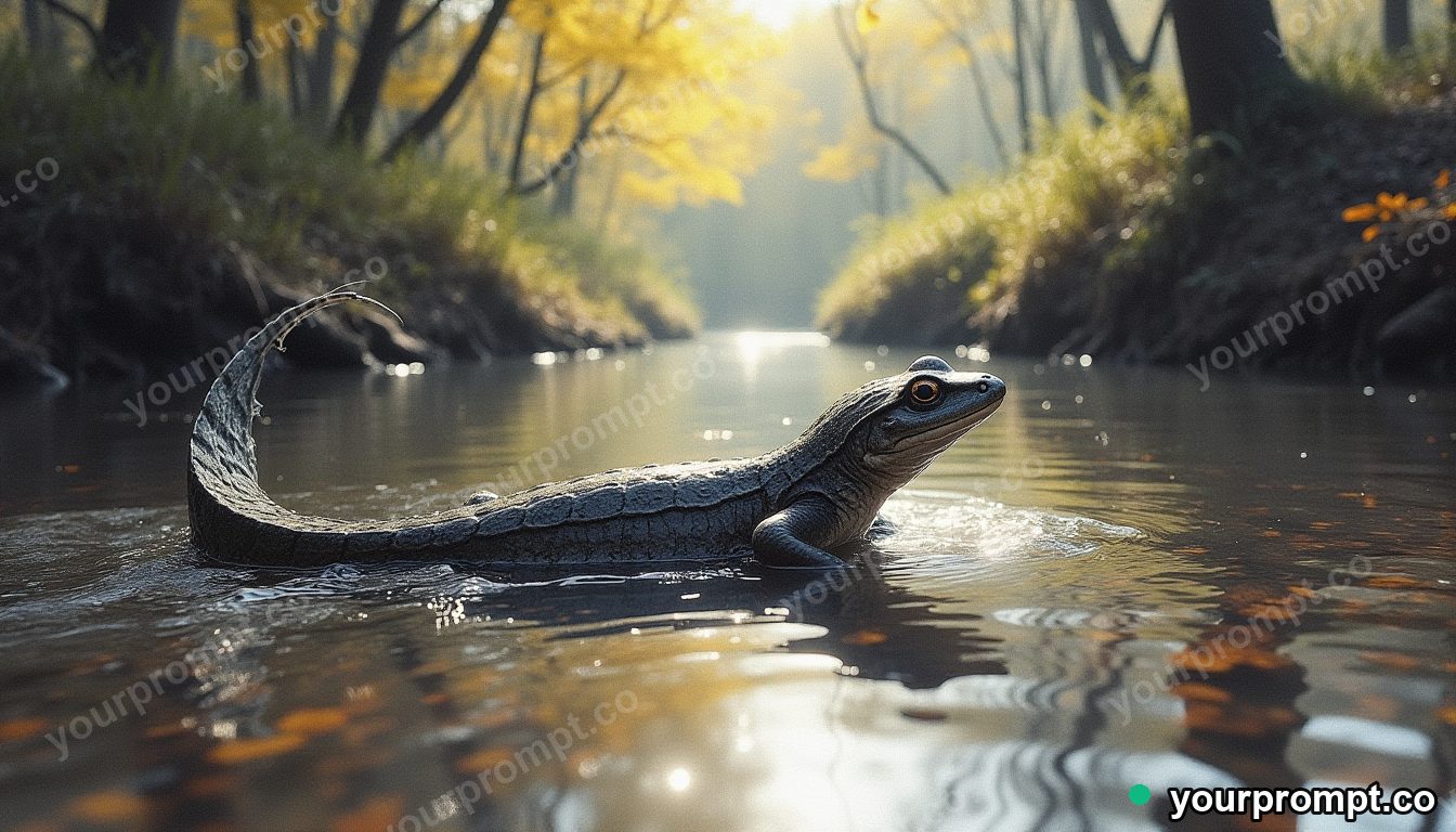 A newt swimming in a clear forest stream