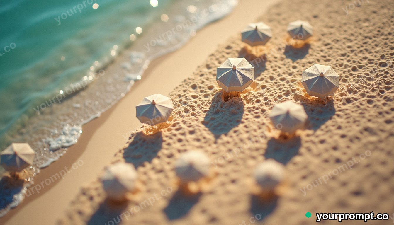 A top-down view of umbrellas scattered on a sandy beach