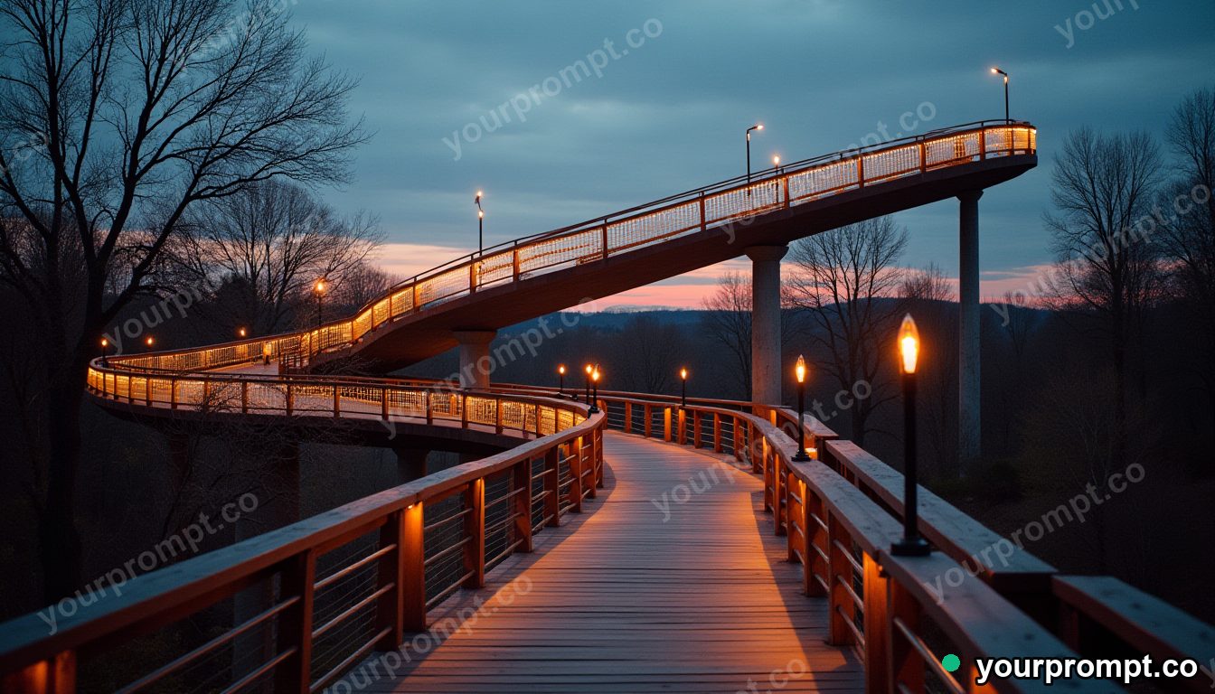A spiraling modern pedestrian bridge at dusk