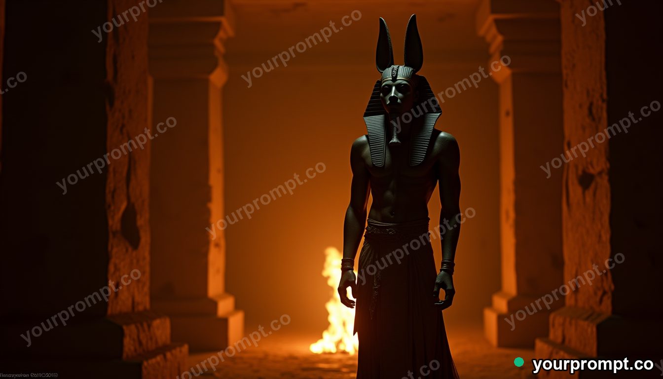 Anubis standing guard in a torchlit tomb