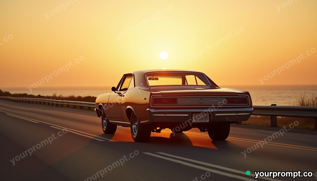 A classic 1960s American muscle car on a coastal highway