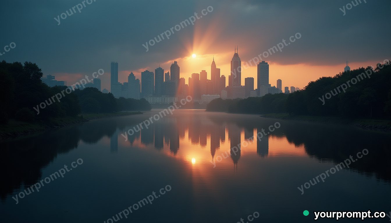 A city skyline mirrored in a calm river at night