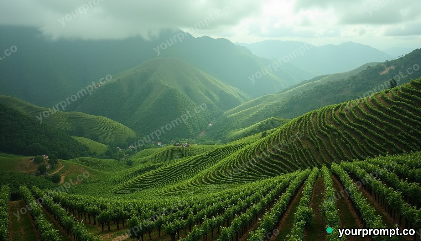 A bird's-eye view of a terraced vineyard on rolling hills