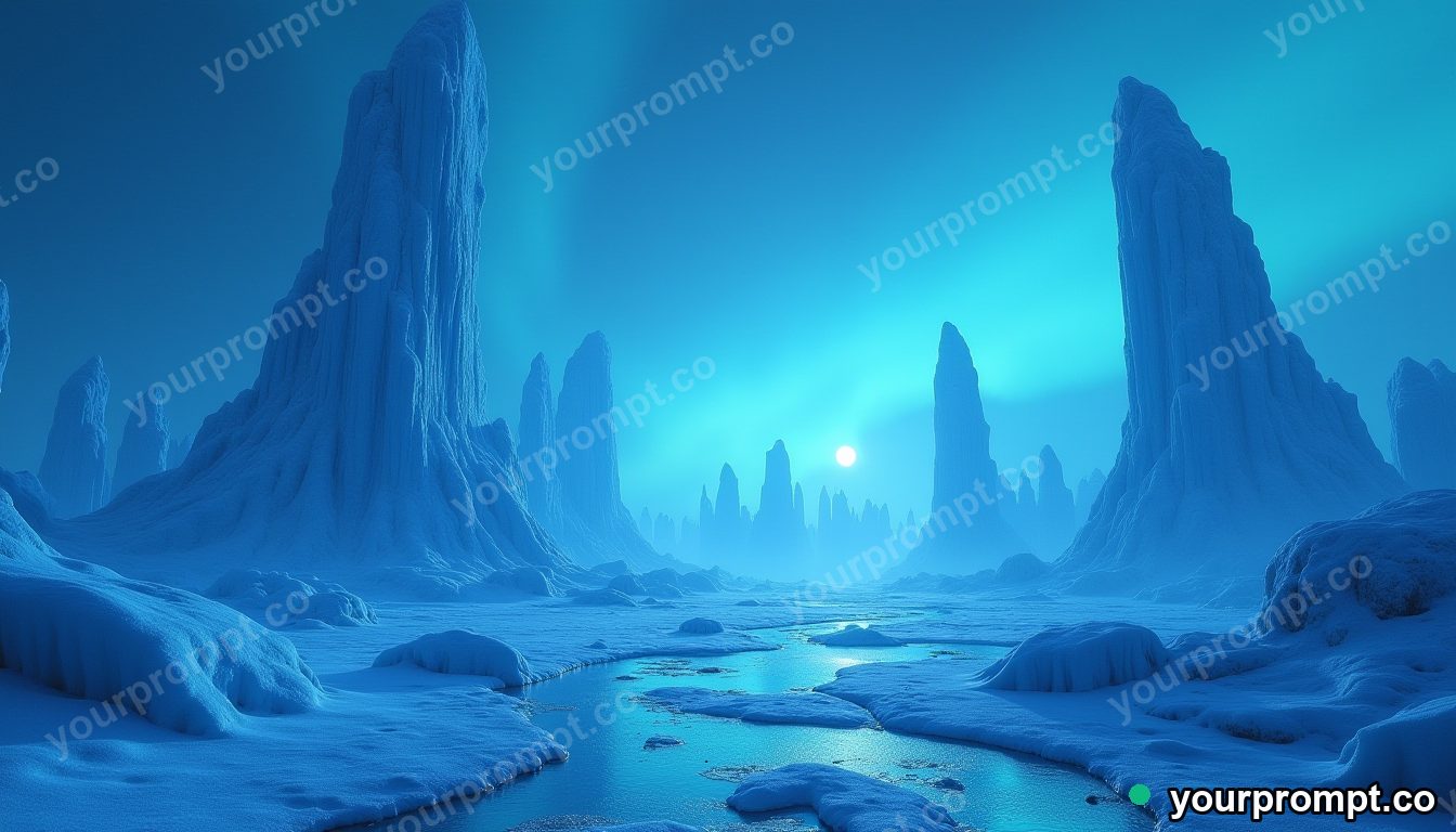 An ice planet with towering frozen geysers