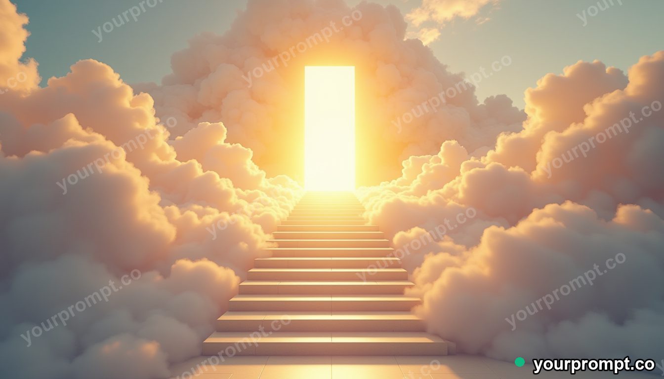 A staircase of clouds leading to a golden doorway