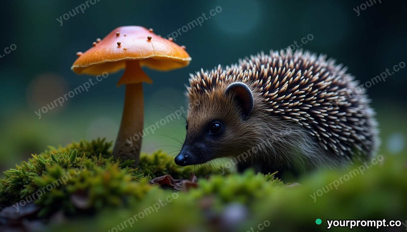 A hedgehog sniffing a mushroom in mossy grass