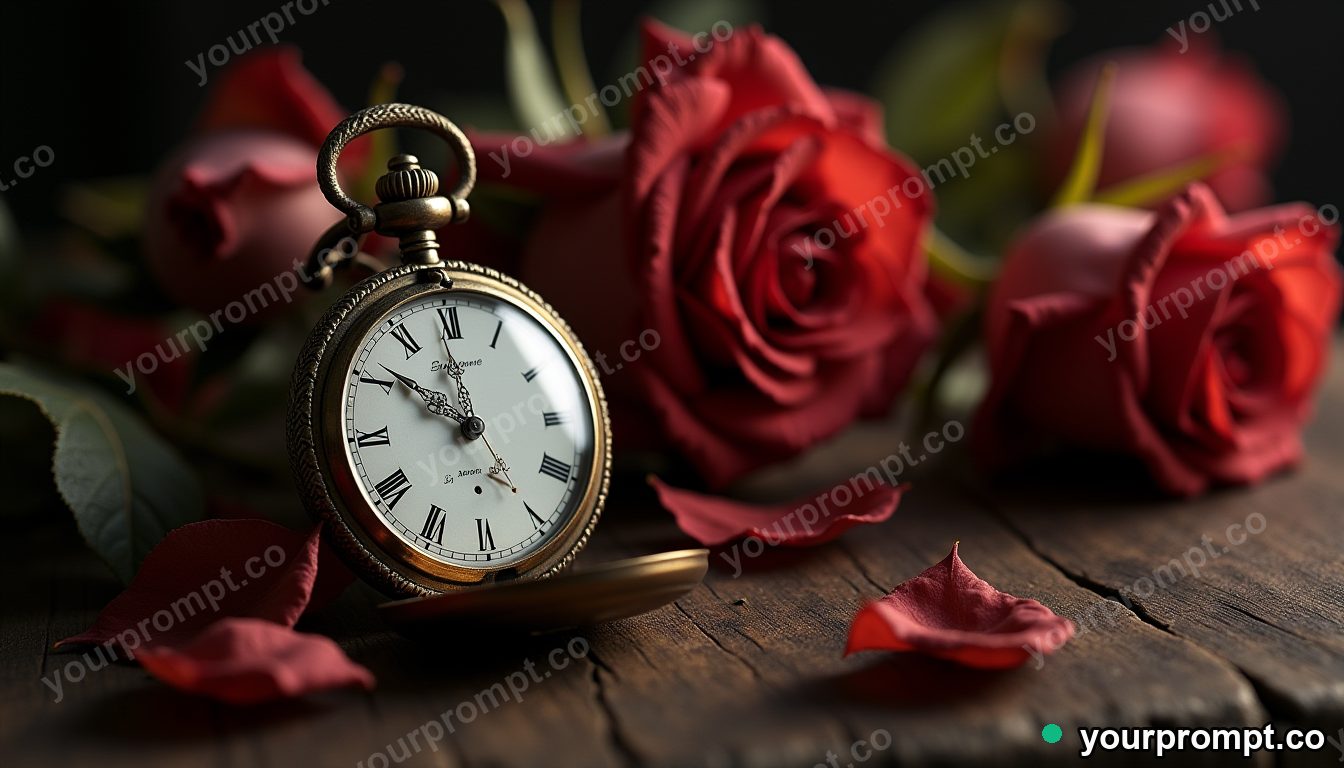 An antique pocket watch beside dried roses