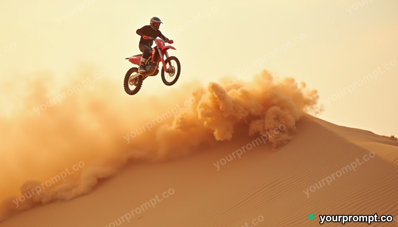 A dirt bike soaring over a dune, sand spraying