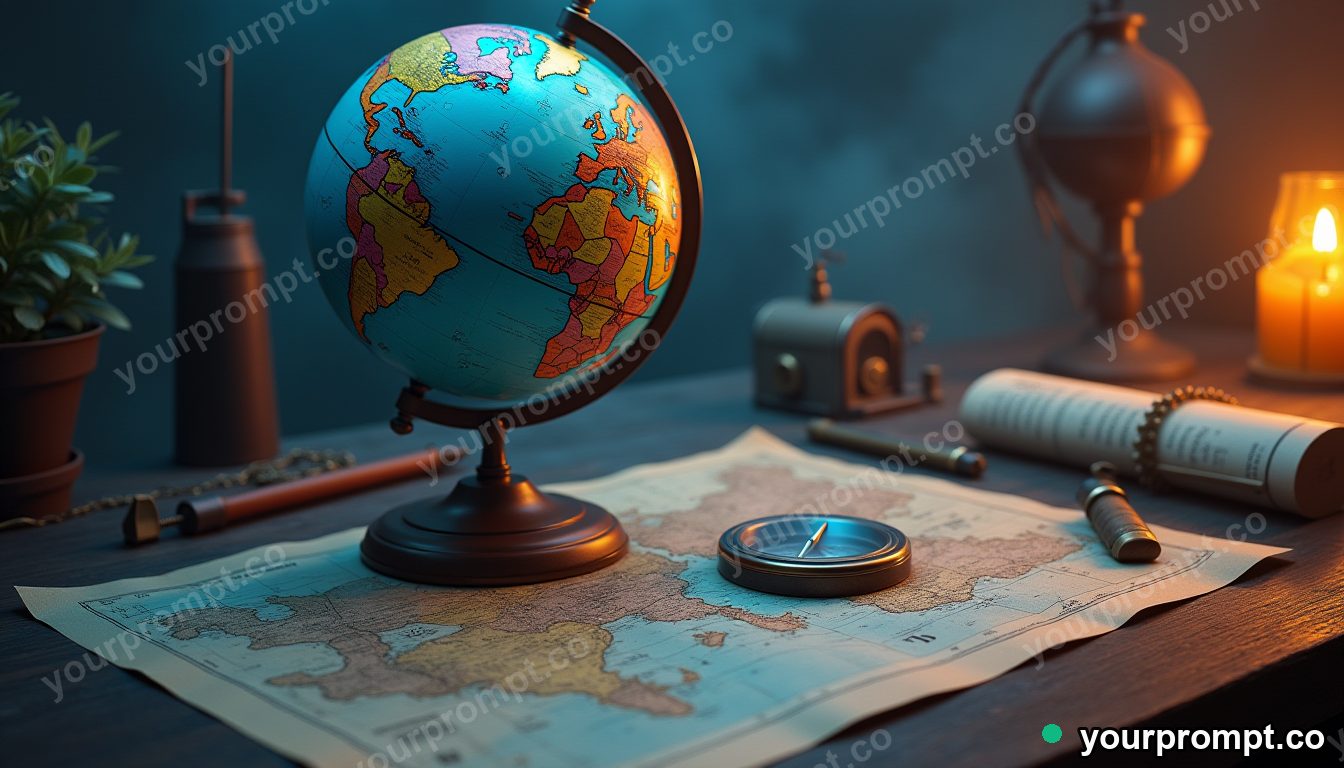 A globe, compass, and old map on a desk