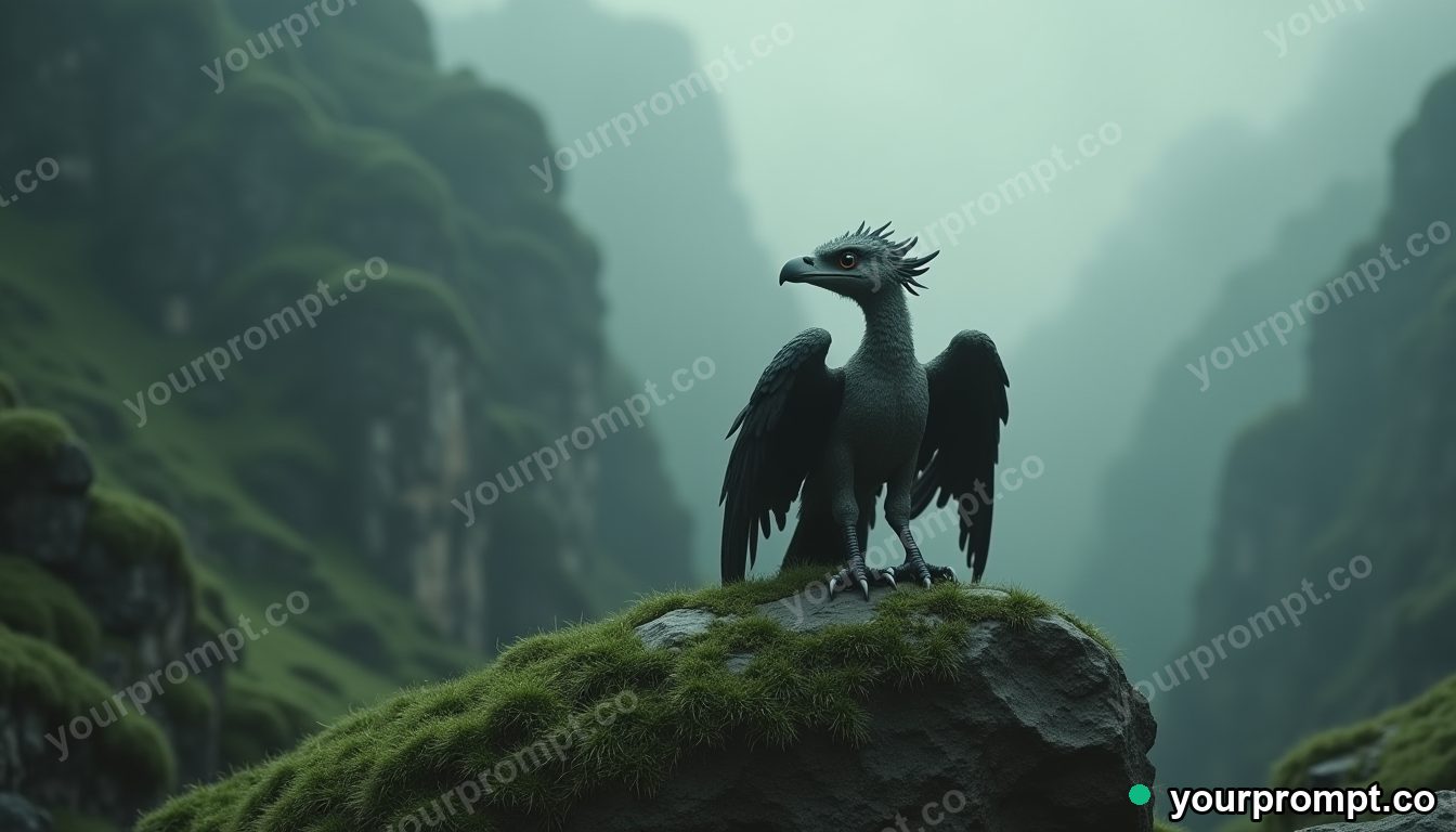 A baby griffin perched on a mossy boulder