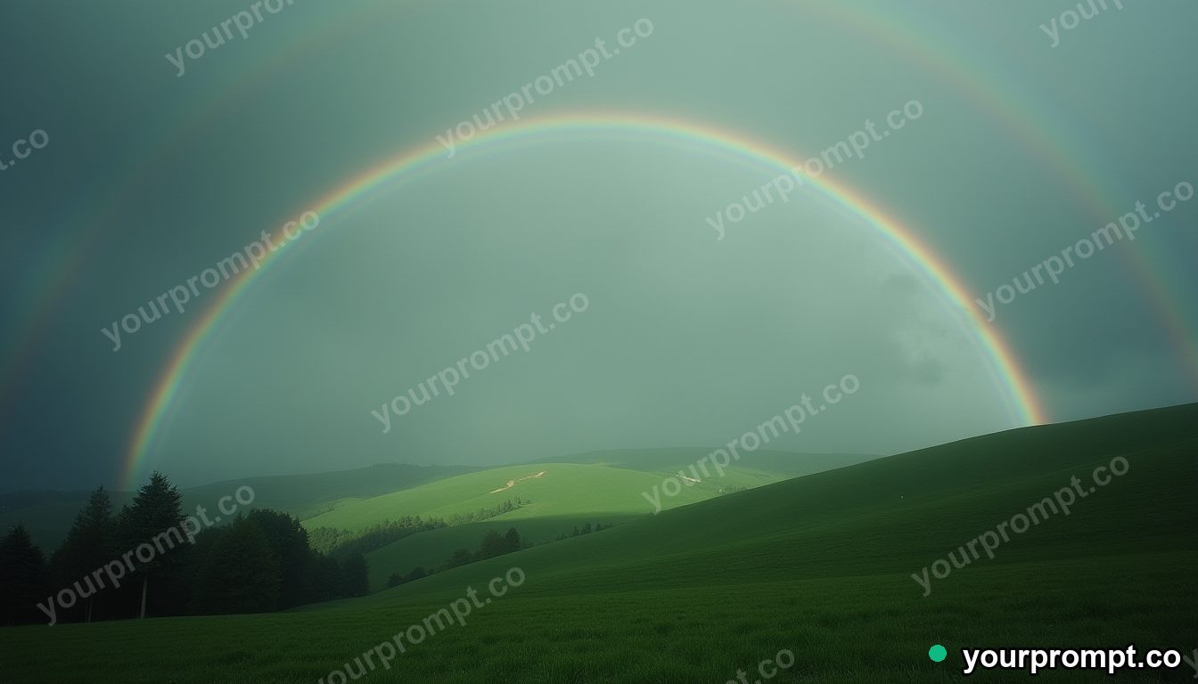 A double rainbow arcing over emerald hills after rain