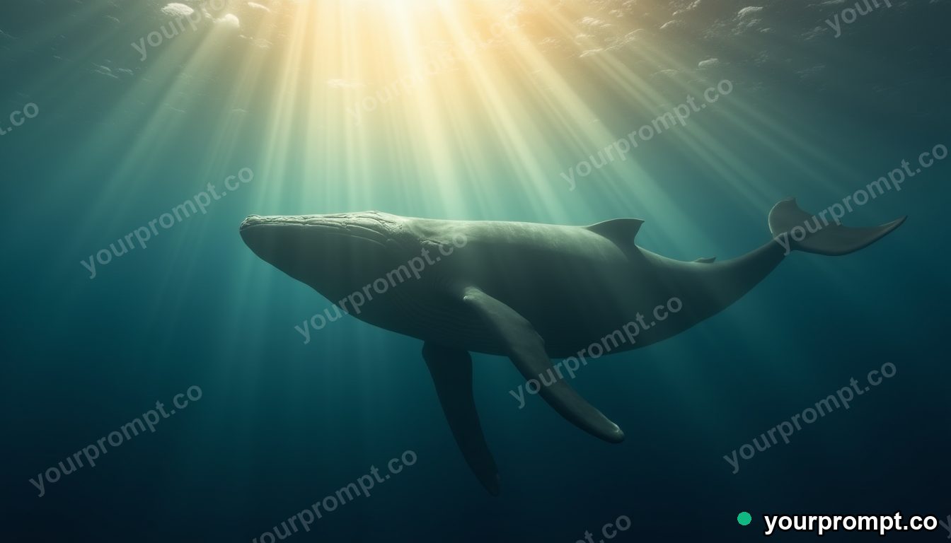 A humpback whale gliding through underwater sunbeams