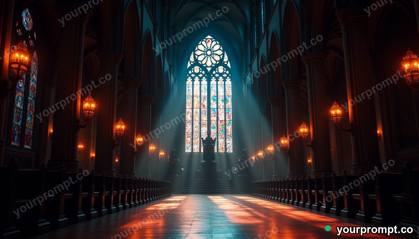 A gothic cathedral interior lit by stained-glass light