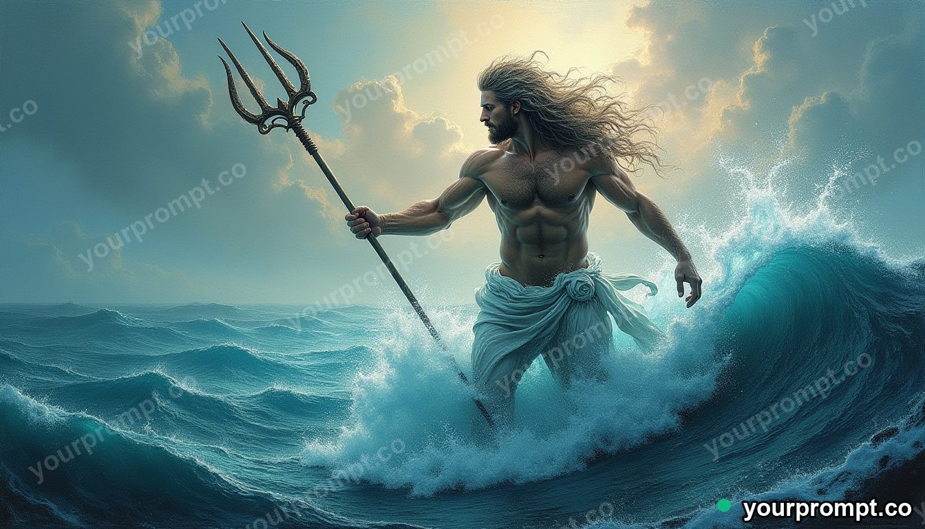Poseidon rising from a churning sea with a trident