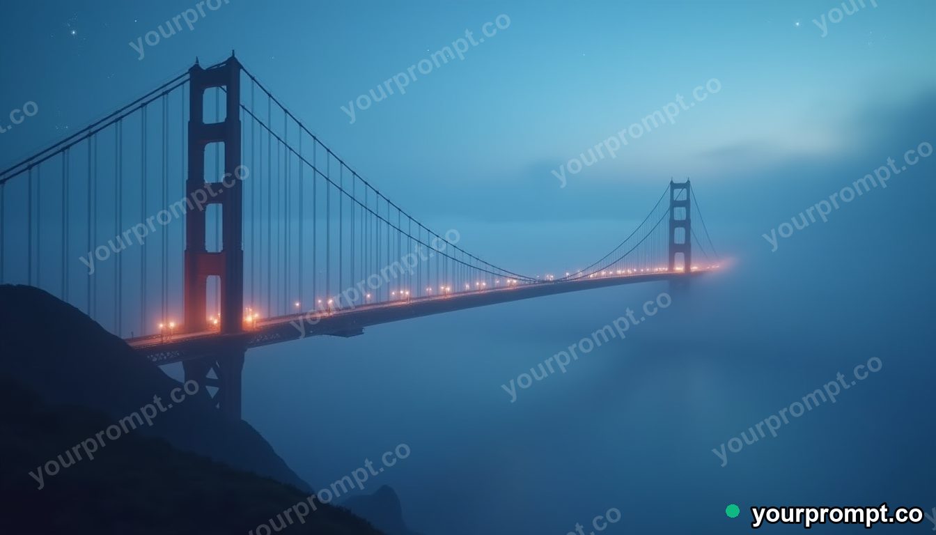 A misty suspension bridge vanishing into fog
