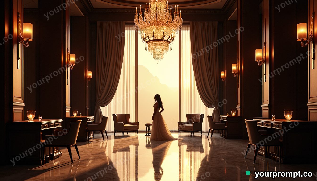 A luxurious hotel lobby with a crystal chandelier