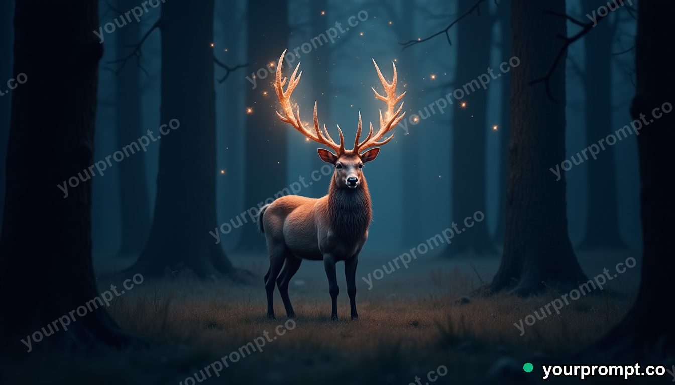 A celestial deer with antlers of starlight in a dark wood