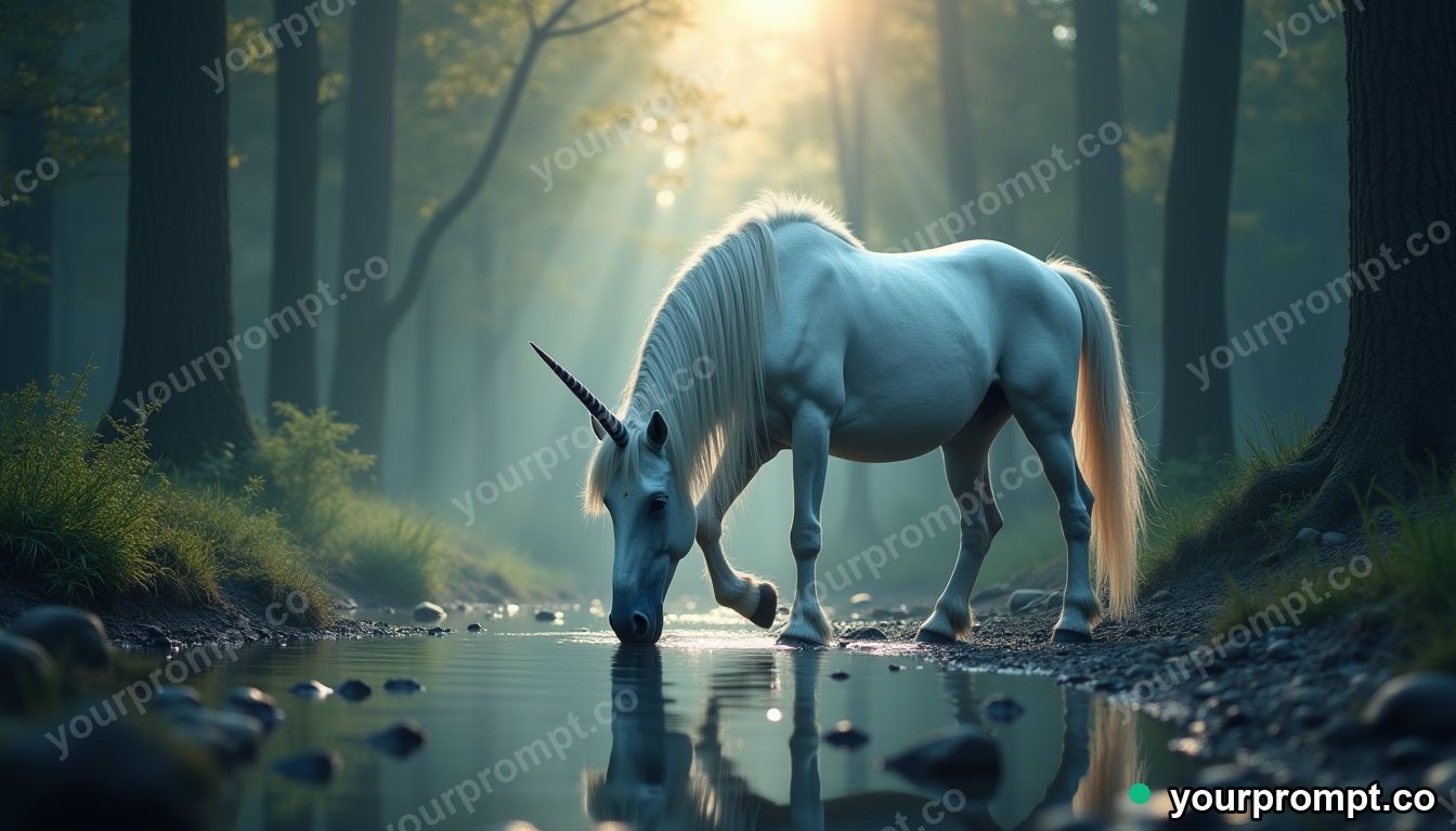 A unicorn drinking from a moonlit forest pool