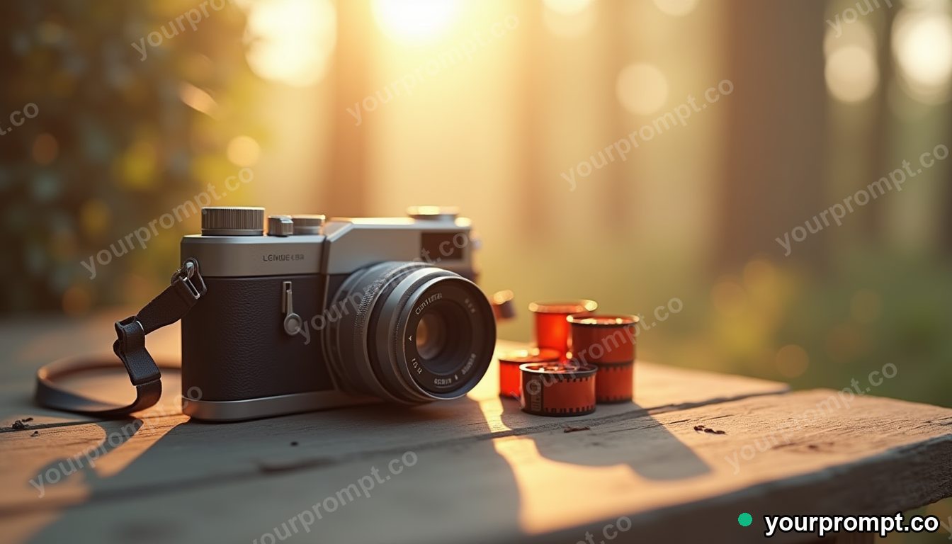 A vintage camera and film rolls on weathered wood