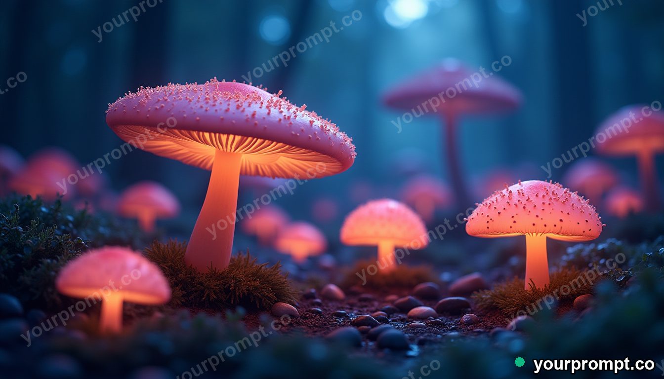 A glowing forest of giant luminous mushrooms at night